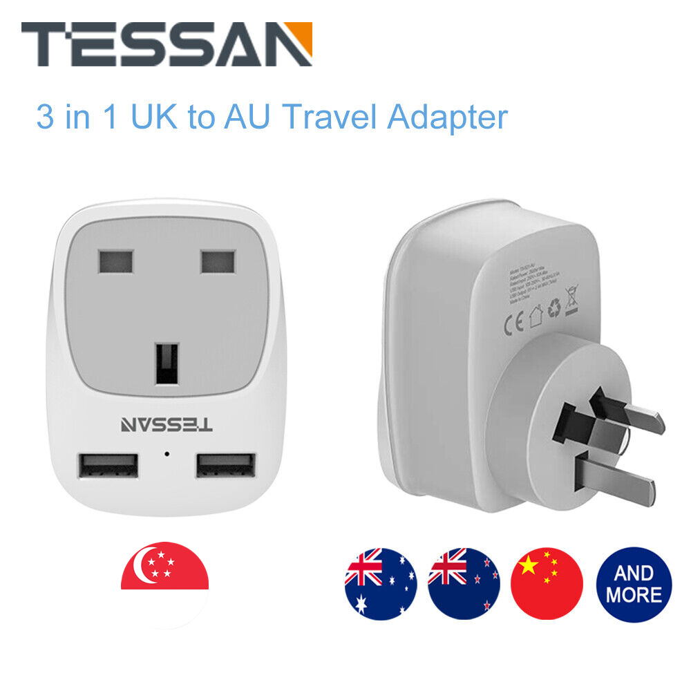 3 in 1 Power Adapter for Singapore to China Australian New Zealand Fiji Argentina and more (Type I), TESSAN Australia China Plug Travel Adaptor AU Outlet Travel Adapter with 2 USB Ports-3 Pin AU Plug 