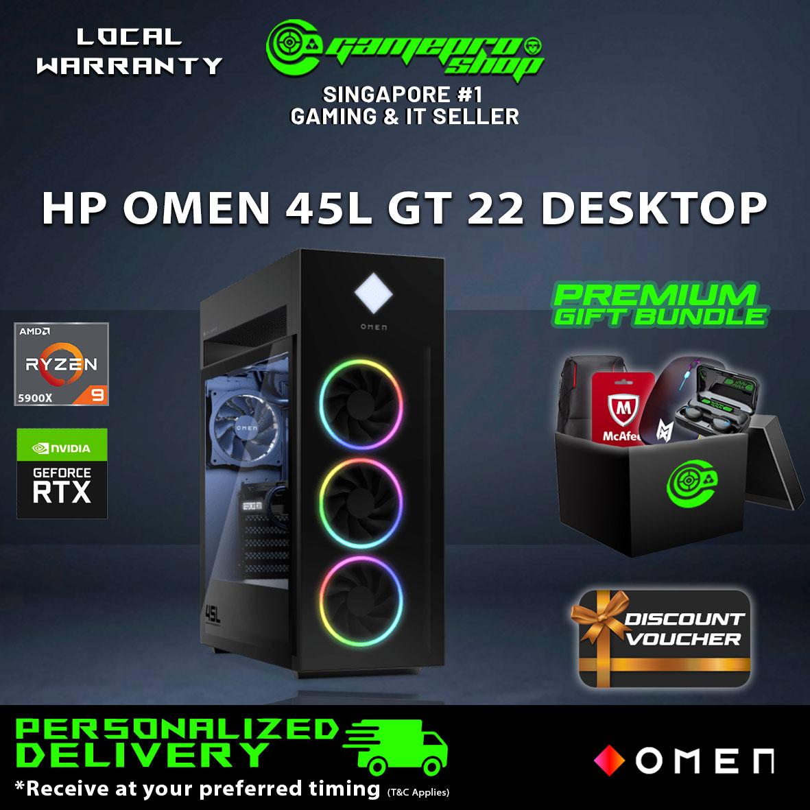 [SAME DAY] OMEN by HP 45L GT22-0007d Gaming Desktop - AMD Ryzen 9 5900X / RTX3080Ti / 1TB SSD + 1TB HDD / W11 / 3Y