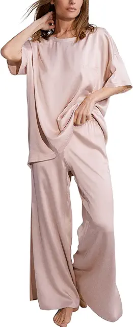 Lunya Washable Silk Tee Pant Set for Women - Oversized Top with Pocket and Pull On Pants