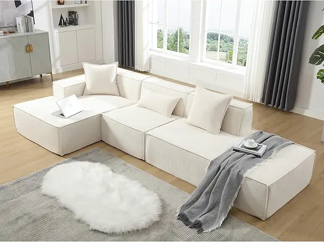 129" Tofu Block Modular Sofa Set with Left-Hand Facing Chaise,Modern Sectional Couch W/Square Armrest & Pillows