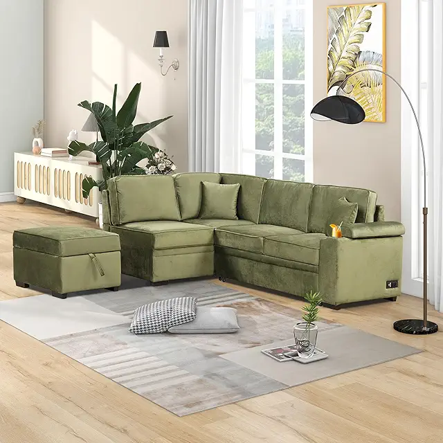 L Shaped Sectional Sofa Couch 2 in 1 Pull Out Sleeper Bed with Storage Ottoman for Living Room, Small Apartment Love Seats