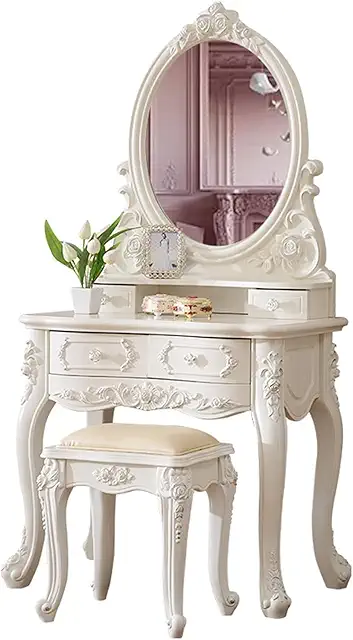 Luxury European Style Makeup Vanity, Makeup Table with 4 Drawers, Vanity Table with Large Mirror and Upholstered Stool