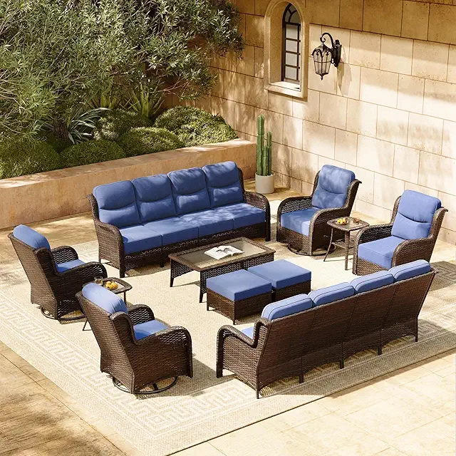 HILLGA Luxury Patio Furniture Set with 6-inch Thick Cushion, Outdoor Sectional Sofa and High Back Swivel Rocker Patio Chairs