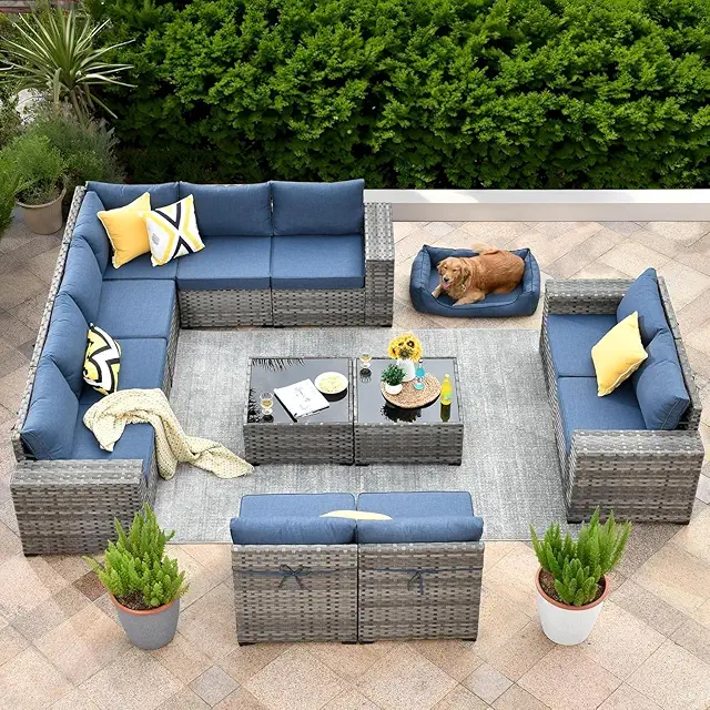Outdoor 12 Pieces Patio Sectional Sofa Set with Wicker Rattan Couch, Comfy Cushions and Matching Coffee Table